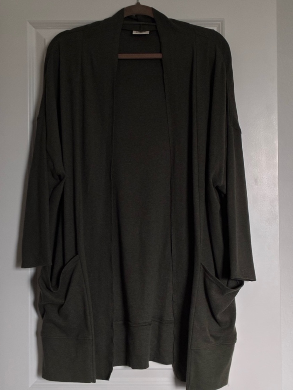 Pact Organic Cotton Dark Olive Open-Front Cardigan